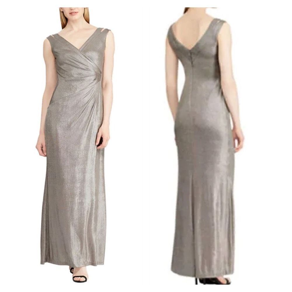 Lauren Ralph Lauren Women's Faux Wrap Ruched Sleeveless Gray Maxi Dress 2 NWT